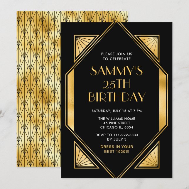 Gold and Black Art Deco Birthday Party Invitation (Front/Back)