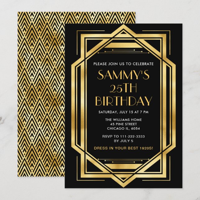 Gold and Black Art Deco Birthday Party Invitation (Front/Back)