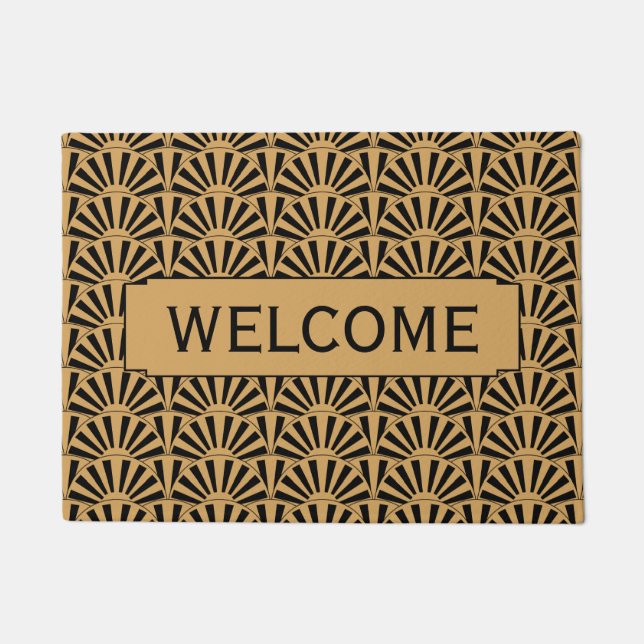 Gold and Black Art Deco Fan Flower Motif Doormat (Front)