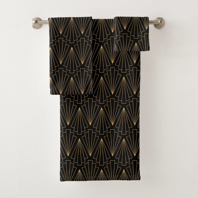 Gold and Black Art Deco Fan Flower Pattern Bath Towel Set (Insitu)