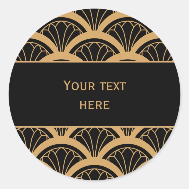 Gold and Black Art Deco Fan Flower Pattern  Classic Round Sticker (Front)