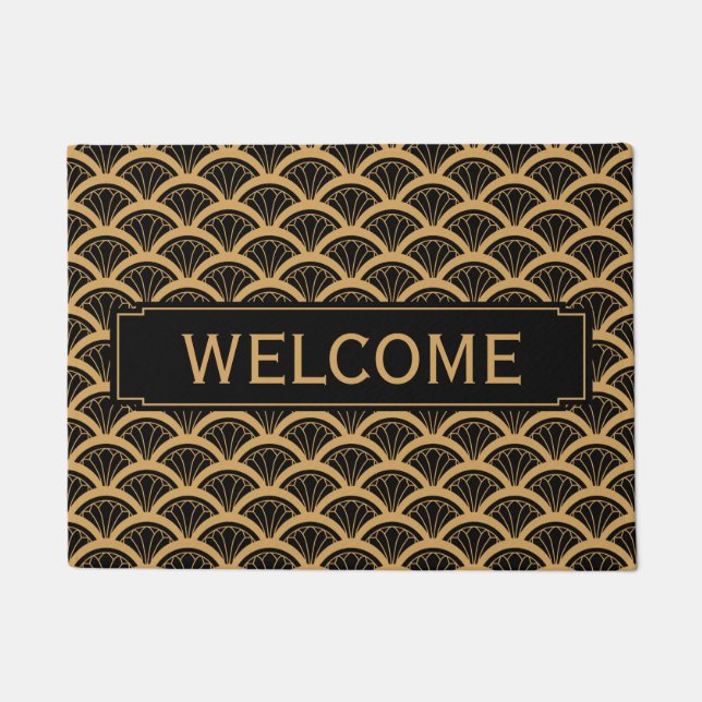 Gold and Black Art Deco Fan Flower Pattern    Doormat (Front)