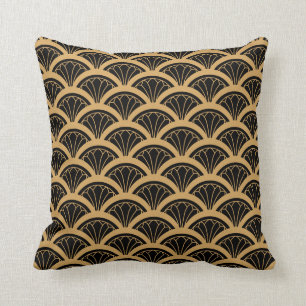 Gold and Black Art Deco Fan Flower Pattern Throw Pillow