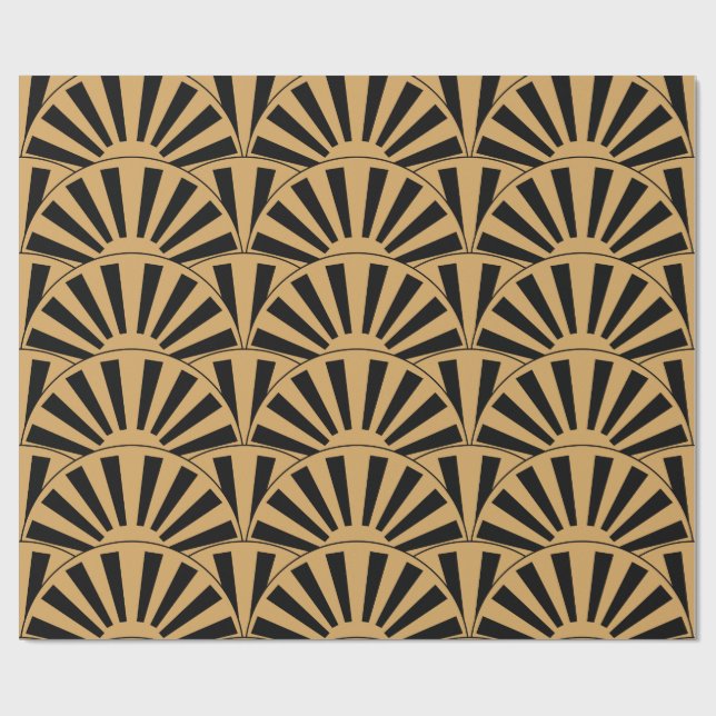 Gold and Black Art Deco Fan Flowers Motif Wrapping Paper (Flat)