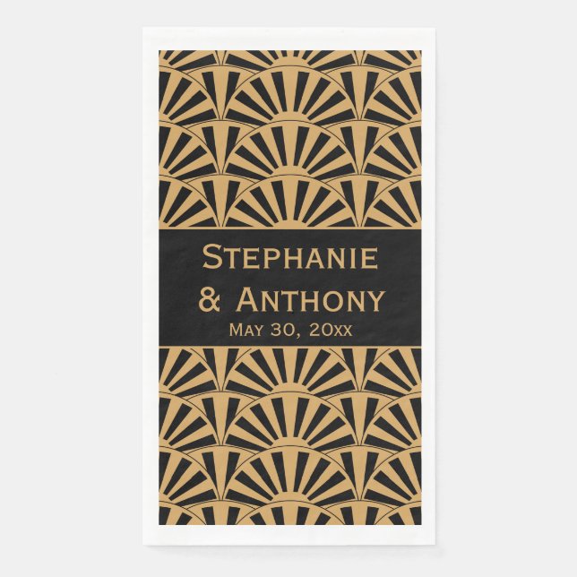 Gold and Black Art Deco Fan Flowers Wedding Napkin (Front)