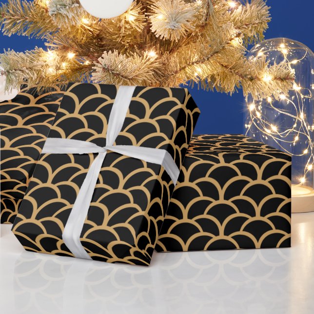 Gold and Black Art Deco Fish Scale Pattern Wrapping Paper (Holidays)
