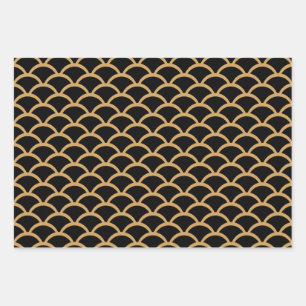 Gold and Black Art Deco Fish Scale Pattern Wrapping Paper Sheet