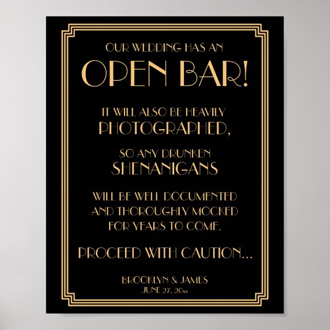 Gold And Black Art Deco Gatsby Open Bar Sign 8x10 (Front)