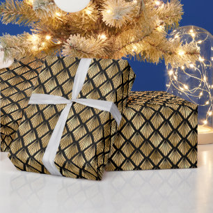 Gold and Black Art Deco Geometric Fan Pattern Wrapping Paper