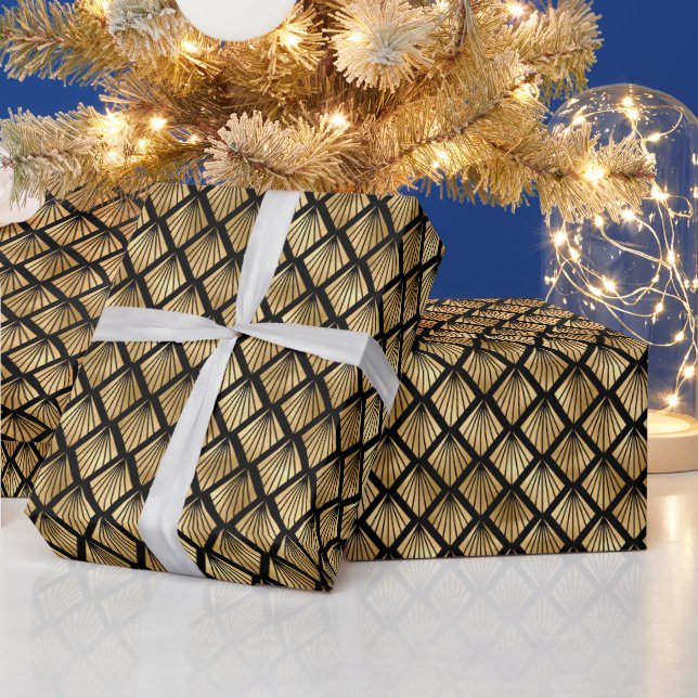 Gold and Black Art Deco Geometric Fan Pattern Wrapping Paper (Holidays)
