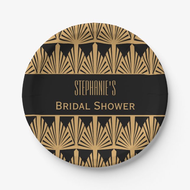 Gold and Black Art Deco Pattern Bridal Shower Paper Plate (Front)