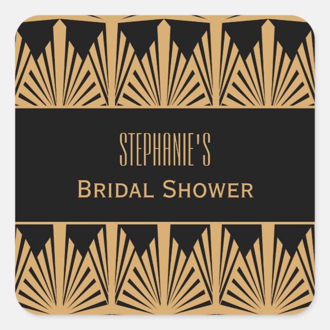 Gold and Black Art Deco Pattern Bridal Shower Square Sticker (Front)