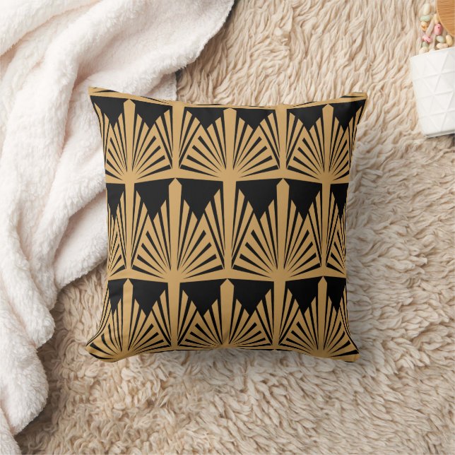 Gold and Black Art Deco Pattern Throw Pillow (Blanket)