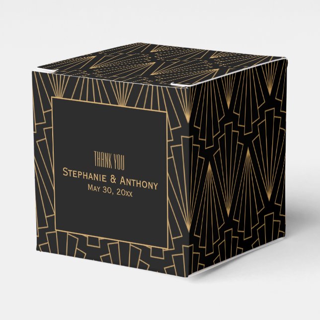 Gold and Black Art Deco Pattern Wedding Favor Box (Front Side)