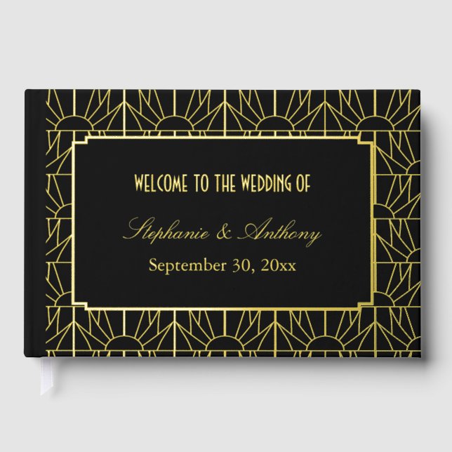 Gold and Black Art Deco Pattern Wedding Guest Book (Front)