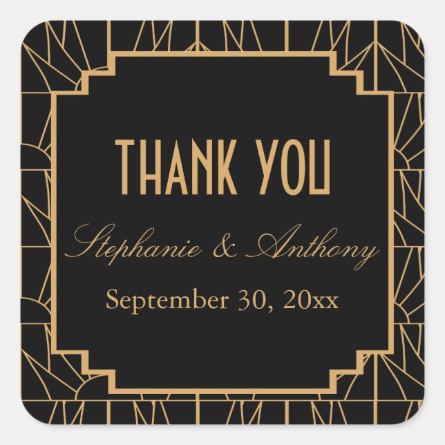 Gold and Black Art Deco Pattern Wedding Square Sticker (Front)