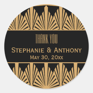 Gold and Black Art Deco Pattern Wedding Thank You Classic Round Sticker