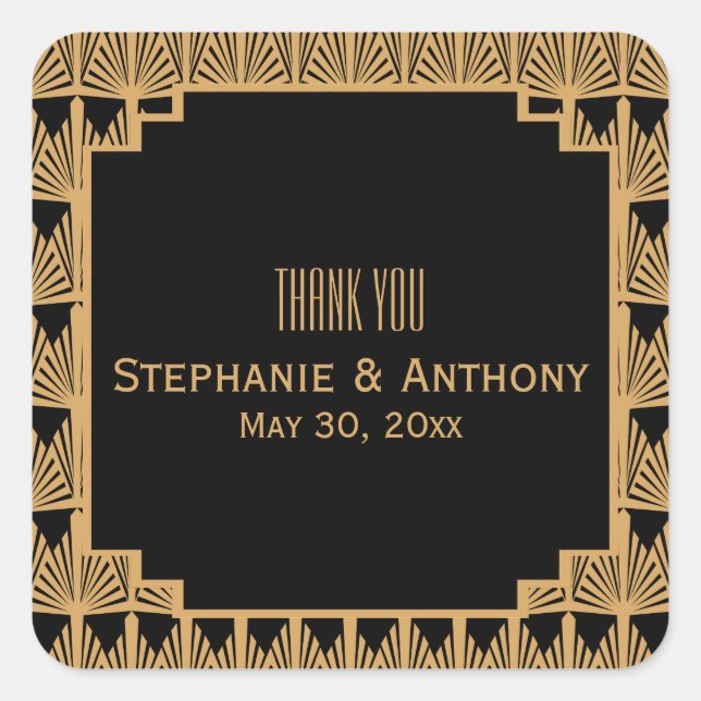Gold and Black Art Deco Pattern Wedding Thank You Square Sticker (Front)