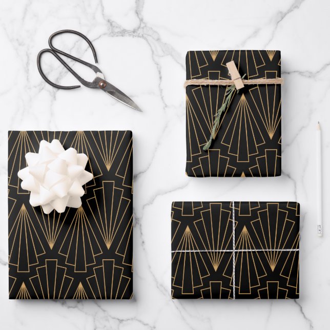 Gold and Black Art Deco Pattern Wrapping Paper Sheet (Front)
