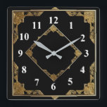 Gold and Black Art Deco Square Diamond Frame Wall Clock<br><div class="desc">"art deco clock",  "art nouveau clock",  "gold and black",  "1920s square and diamond",  "stylish sophisticated 1920 style",  "faux golden",  "retro vintage antique",   "elegant pattern design",  "square clock",  "old fashioned fancy"</div>