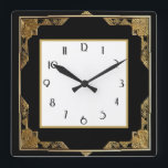 Gold and Black Art Deco Square Frame Square Wall Clock<br><div class="desc">"art deco clock",  "art nouveau clock",  "gold and black",  "1920s square",  "stylish sophisticated 1920 style",  "faux golden",  "retro vintage antique",   "elegant pattern design",  "square clock",  "old fashioned fancy"</div>