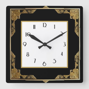 Gold and Black Art Deco Square Frame Square Wall Clock