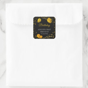 "Gold and Black Baby First Birthday" Square Sticker