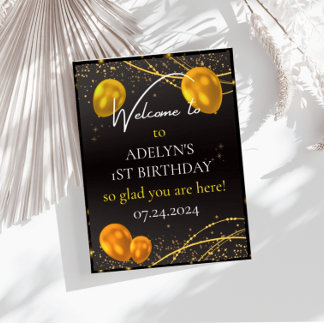 "Gold and Black Baby First Birthday Time" Poster