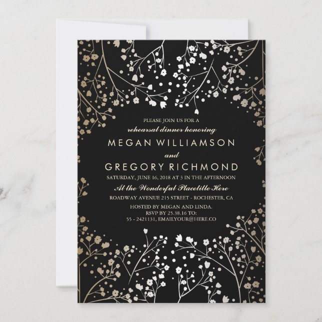 Gold and Black Baby's Breath Rehearsal Dinner Invitation (Front)