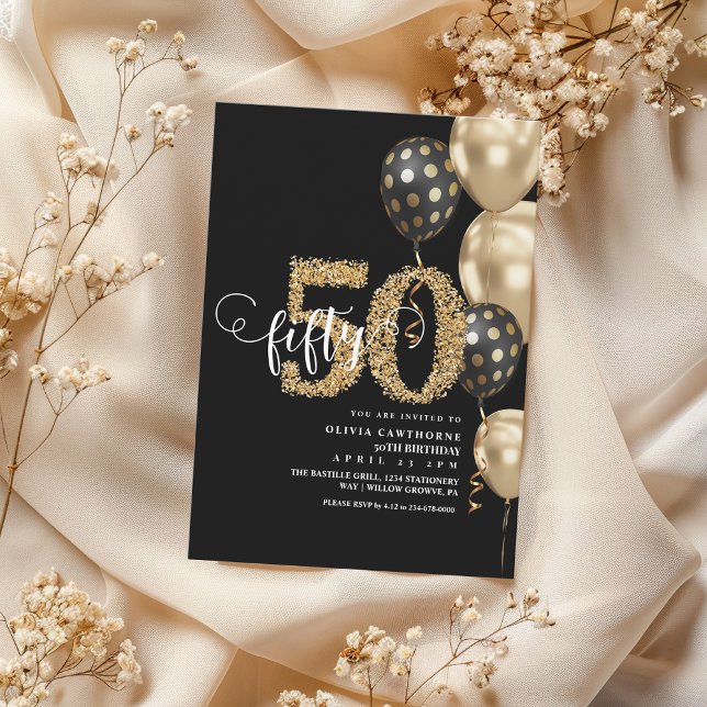Gold and black Balloon 50th Birthday  Invitation (Creator Uploaded)