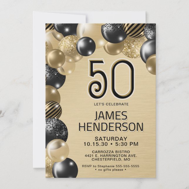 Gold and Black Balloons 50th Birthday Invitation (Front)