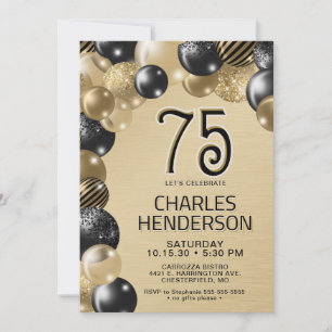 Gold and Black Balloons 75th Birthday Invitation
