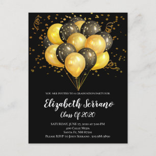Gold And black Balloons Gold Confetti On BlackGrad Invitation Postcard