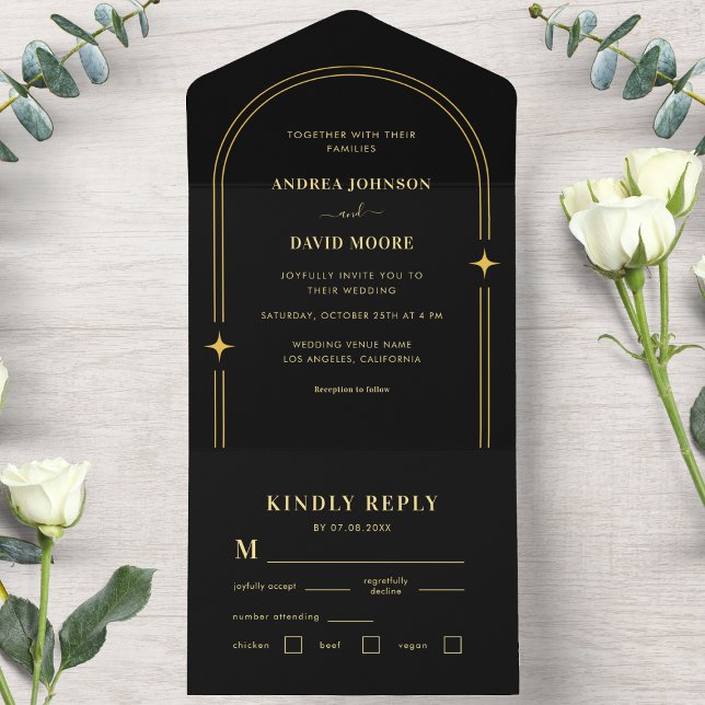 Gold and Black Boho Sparkle Bohemian Arch Wedding All In One Invitation (Creator Uploaded)