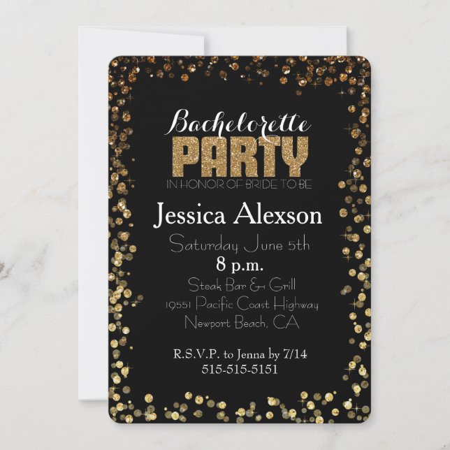 Gold and Black Bokeh Glitter Bachelorette Invitation (Front)