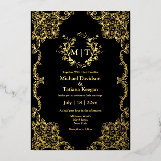  gold and black botanical monogram floral wedding  (Front)