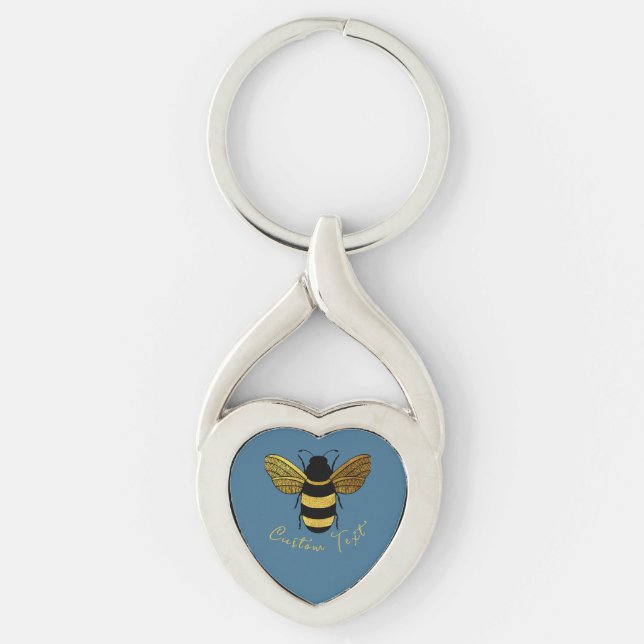 GOLD AND BLACK BUMBLE BEE ON BLUE WITH SCRIPT TEXT KEYCHAIN (Front)