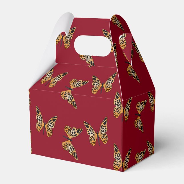 Gold and black butterflies on maroon favor box (Front Side)
