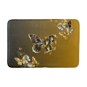 Gold and Black Butterfly Floral Art Bath Mat