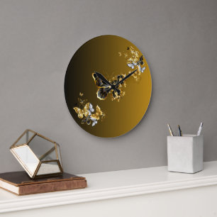 Gold and Black Butterfly Floral Art Golden Euphony Large Clock
