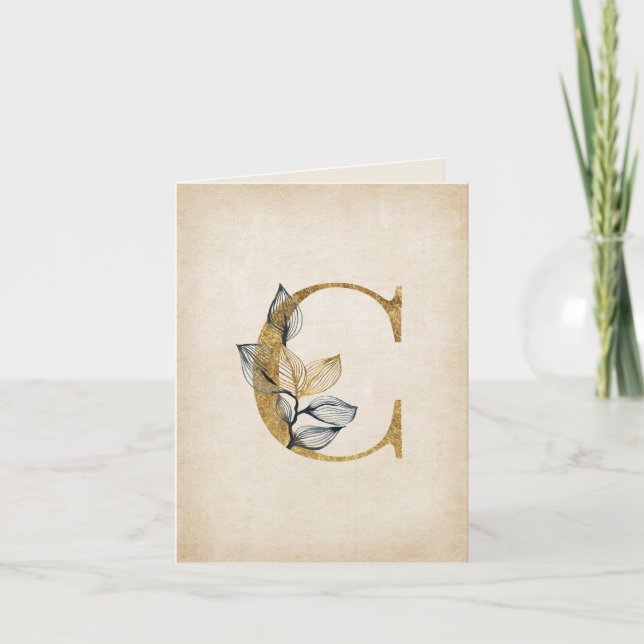 Gold and Black C Monogram With Leaves Note Card (Front)