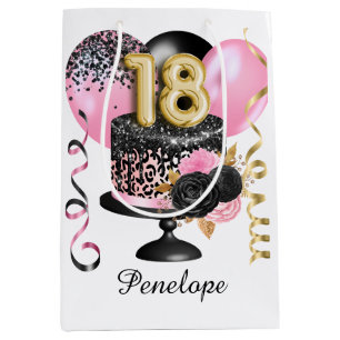 Gold and Black Cake 18th Birthday Name Medium Gift Bag