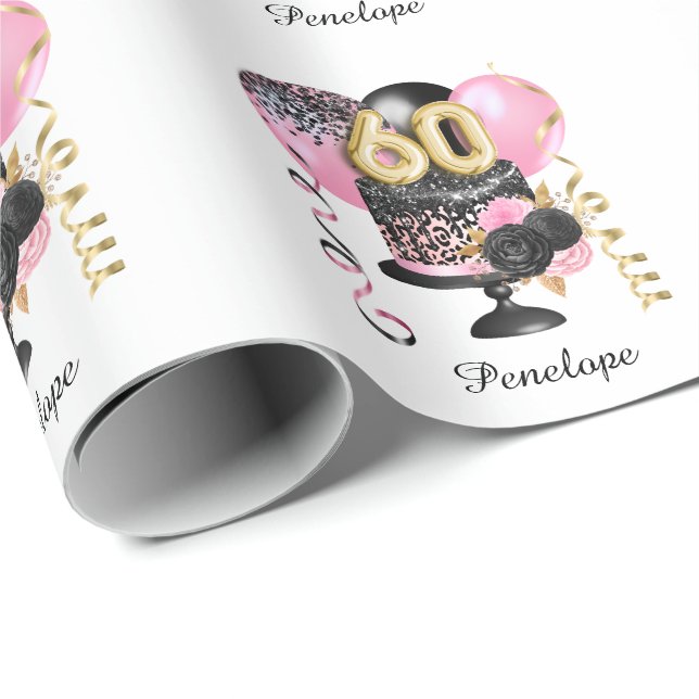 Gold and Black Cake 60th Birthday Name Wrapping Paper (Roll Corner)