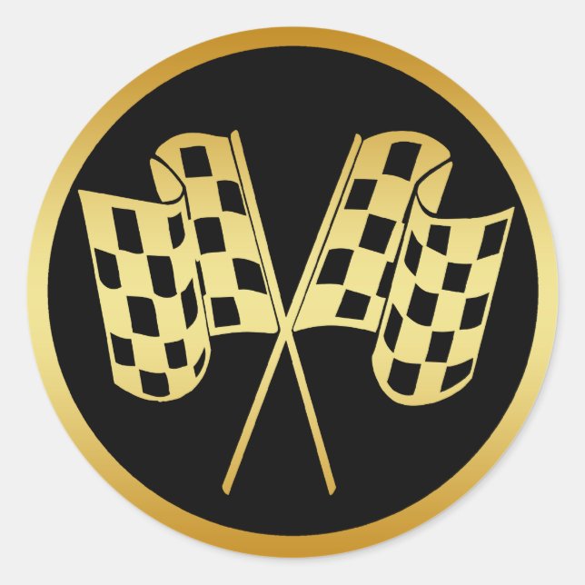 GOLD AND BLACK CHECKERED FLAG CLASSIC ROUND STICKER (Front)