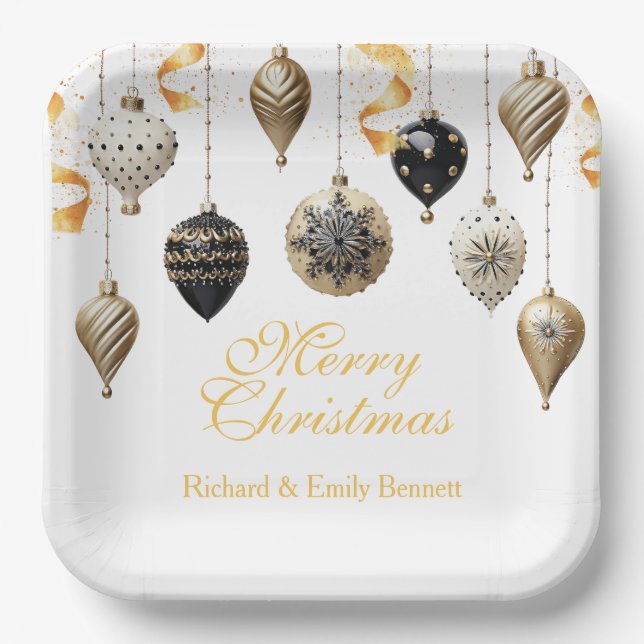 Gold and Black Christmas Baubles Paper Plate (Front)