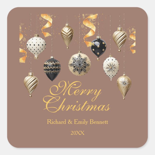 Gold and Black Christmas Baubles Square Sticker (Front)