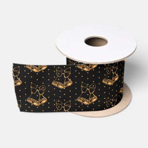 Gold and Black Christmas Bells Satin Ribbon