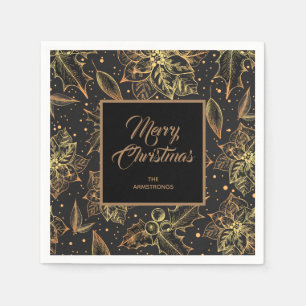 Gold and Black Christmas Floral Napkin