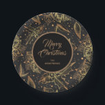 Gold and Black Christmas Floral Paper Plate<br><div class="desc">Gold poinsettias,  holly leaves and berries on a black background,  these paper plates feature your greeting and name in chic gold lettering. Available in 2 sizes. MATCHING items in our collection.</div>