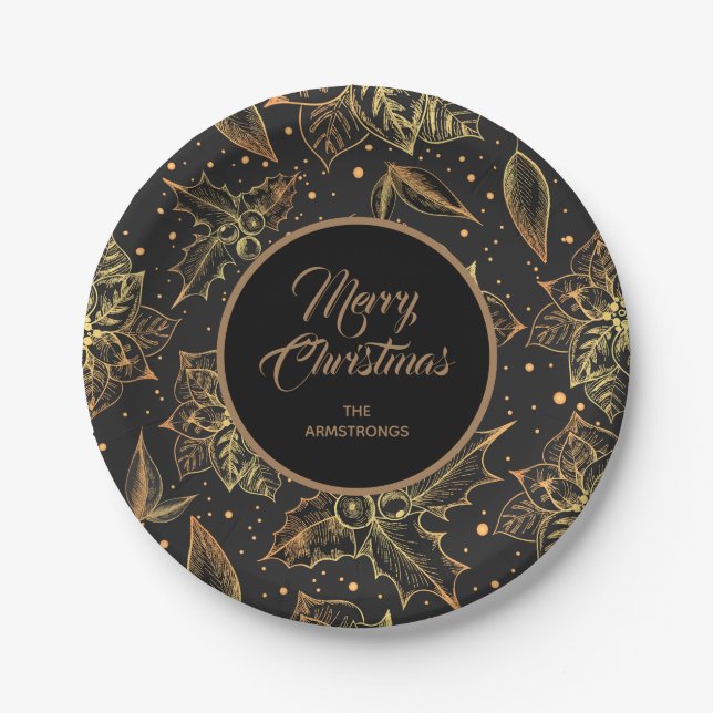 Gold and Black Christmas Floral Paper Plate (Front)